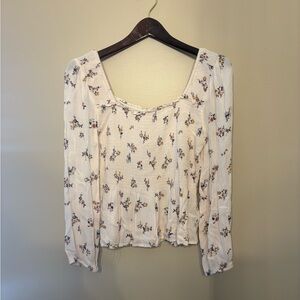 Altar'd State Cream Floral Square-Neck Long Sleeve Blouse